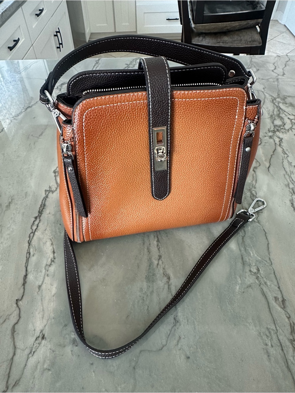 HESHE Genuine Tan & Dark Brown Pebbled Leather Bag. Crossbody Strap, Top Handle